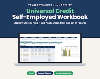 May include: A digital workbook titled TaxReadySheets UK 2026/27 Universal Credit Self-Employed Workbook for monthly UC reporting and self-assessment. The screen displays a dashboard with financial tables, charts, and data columns.