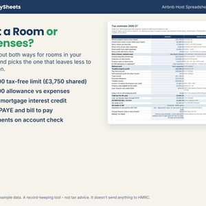 Rent a Room or expenses comparison and tax estimate in the Airbnb host spreadsheet