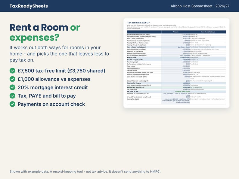 Rent a Room or expenses comparison and tax estimate in the Airbnb host spreadsheet
