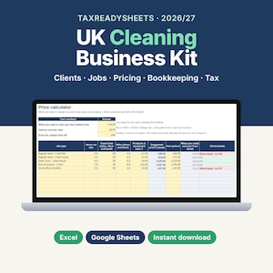 UK cleaning business spreadsheet kit 2026/27 with clients, jobs, pricing, bookkeeping and tax, showing the price calculator on a laptop
