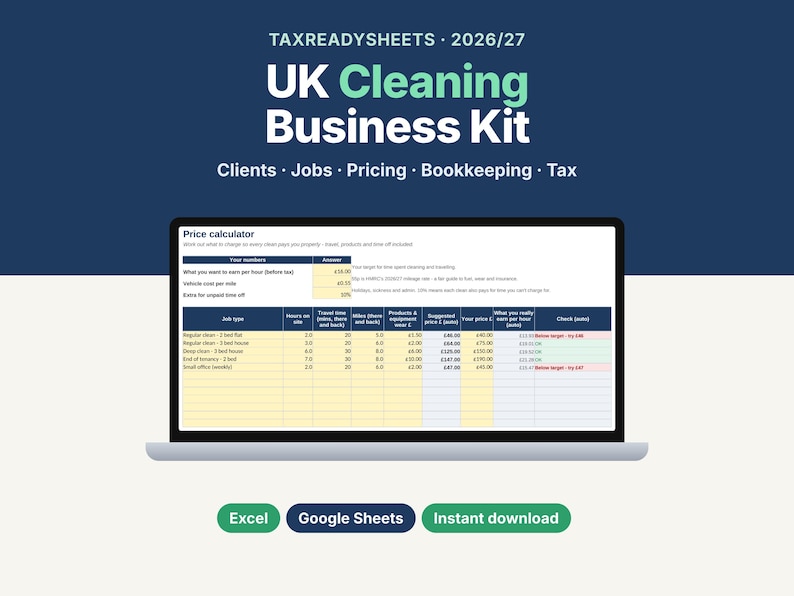 UK cleaning business spreadsheet kit 2026/27 with clients, jobs, pricing, bookkeeping and tax, showing the price calculator on a laptop