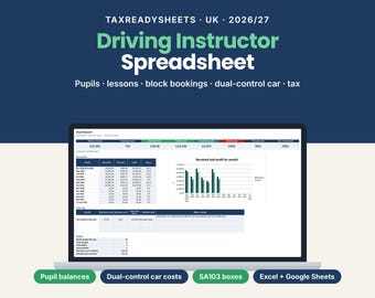 Fahrlehrer-Tabellenkalkulation Großbritannien 2026/27, ADI-Konten und Schülerverwaltung, Blockbuchungen, Fahrschulwagen mit Doppelsteuerung und Steuern, Excel- und Google-Tabellen