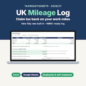 May include: A digital UK Mileage Log spreadsheet for 2026/27 displayed on a laptop screen. The interface includes a summary table for business miles, HMRC rates, and tax relief calculations for employees and the self-employed.