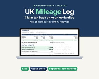 May include: A digital UK Mileage Log spreadsheet for 2026/27 displayed on a laptop screen. The interface includes a summary table for business miles, HMRC rates, and tax relief calculations for employees and the self-employed.