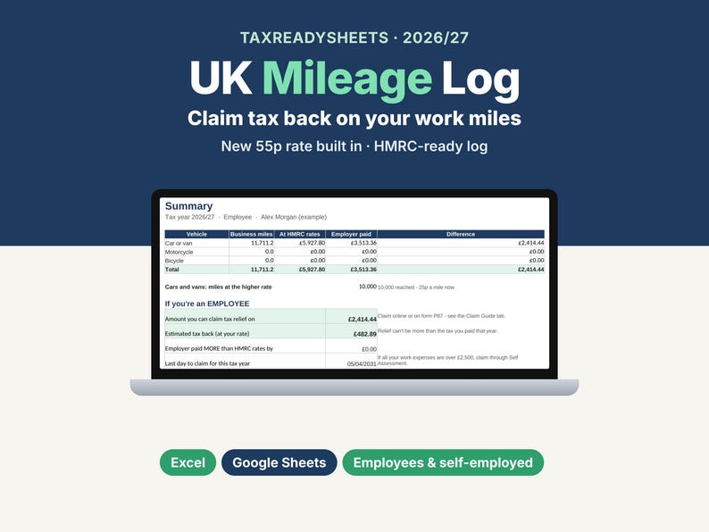 UK mileage log spreadsheet 2026/27 for claiming tax back on work miles, showing the Summary tab on a laptop