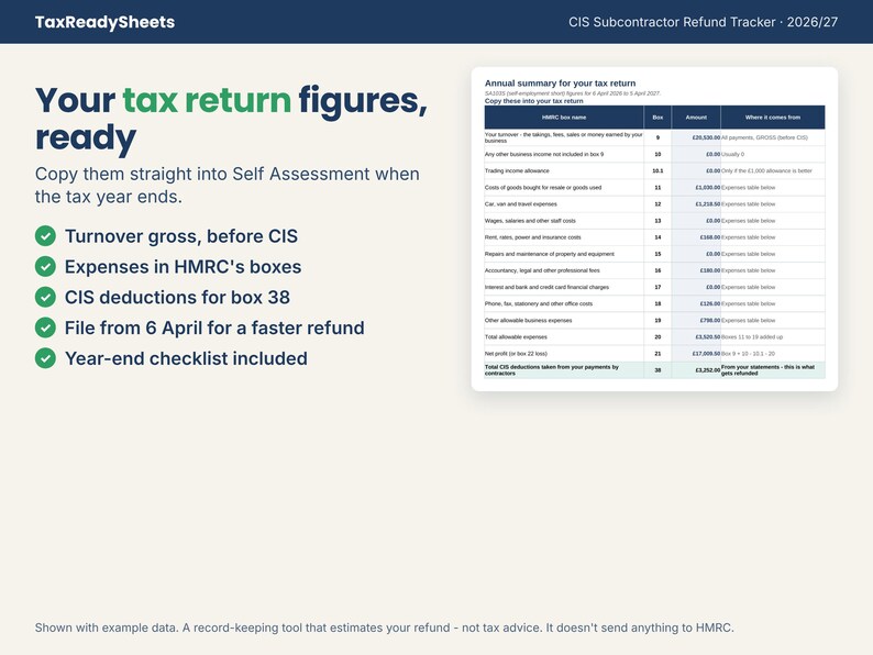 Annual summary of self assessment figures including CIS deductions for the tax return