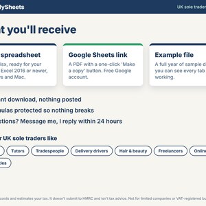 What you receive: a blank Excel spreadsheet, a PDF with a Google Sheets copy link and an example file, made for UK sole traders such as cleaners, tutors and tradespeople.