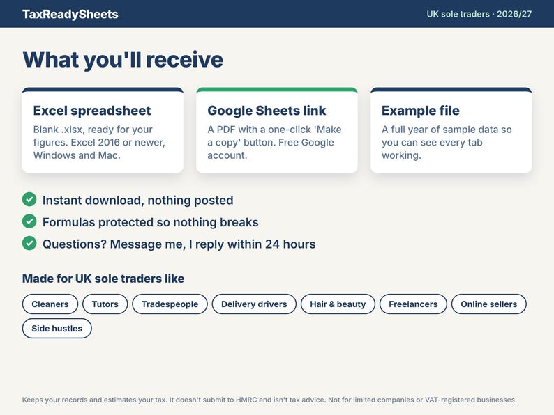 What you receive: a blank Excel spreadsheet, a PDF with a Google Sheets copy link and an example file, made for UK sole traders such as cleaners, tutors and tradespeople.