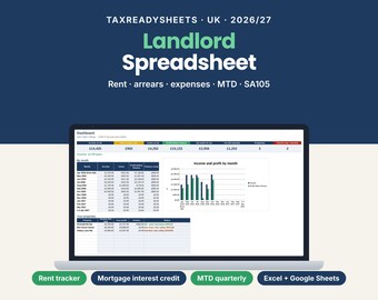 UK Landlord Spreadsheet 2026/27, Rental Property Income and Expense Tracker, SA105 and Making Tax Digital, Excel & Google Sheets