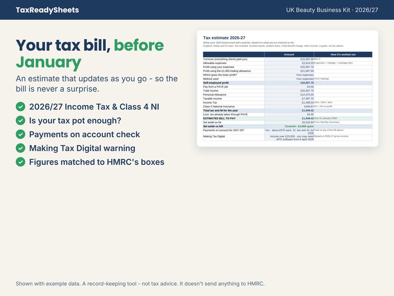 Tax estimate for a self-employed beautician with income tax, NI and payments on account