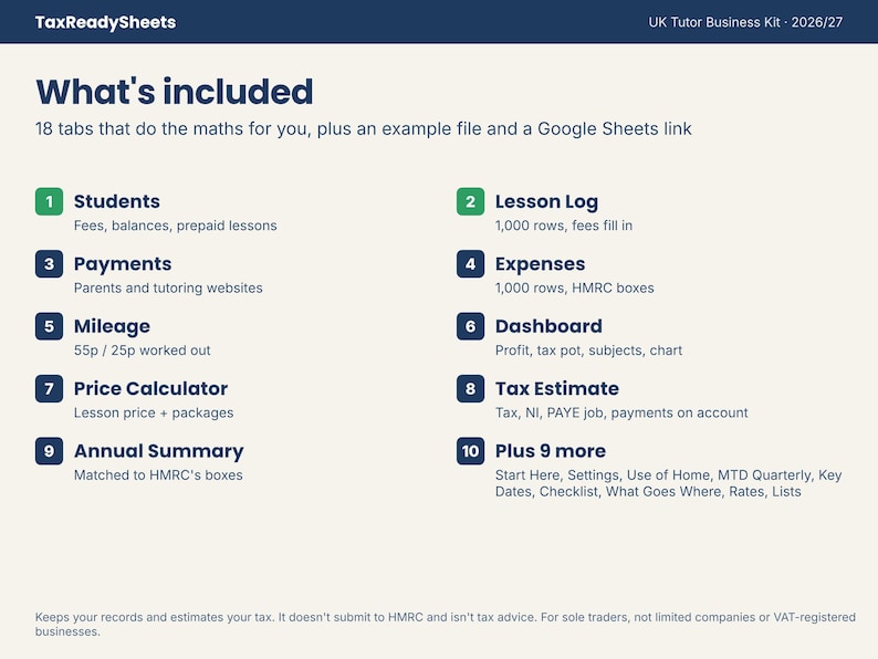 List of what's included: 18 tabs, an example file and a Google Sheets link