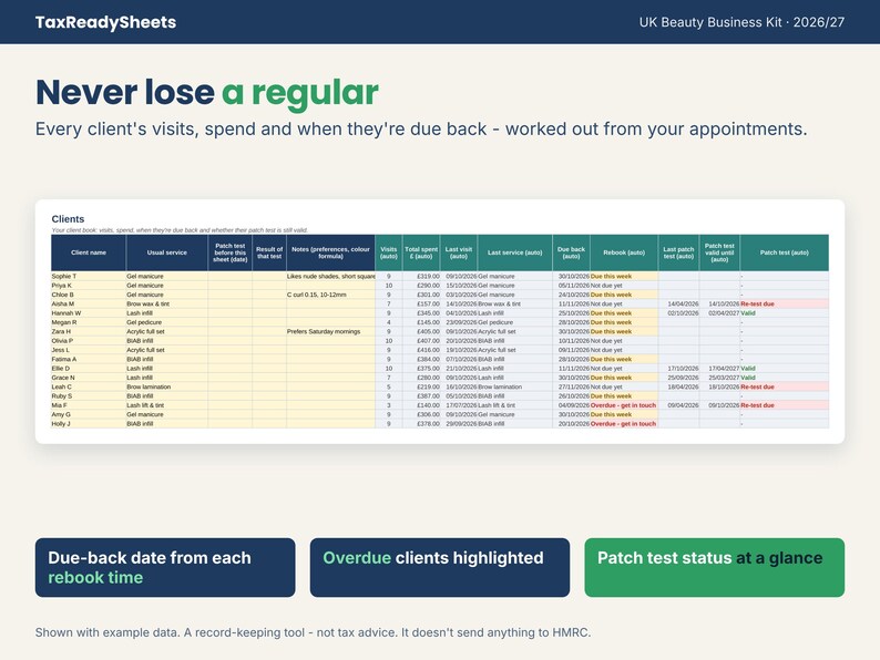 Client tracker showing visits, spend, due back dates and patch test status for a beauty business