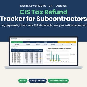 CIS tax refund tracker spreadsheet for UK subcontractors 2026/27 showing a dashboard with estimated refund