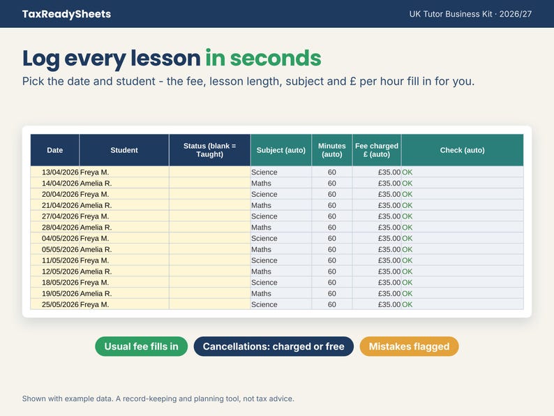 Lesson log where the usual fee and lesson length fill in automatically when a student is picked