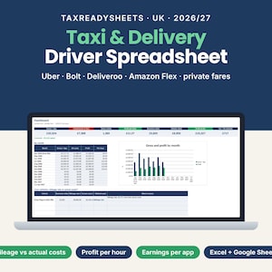 Uber Driver Spreadsheet UK 2026/27, Taxi, Private Hire and Delivery Driver Tax Tracker, Mileage vs Costs, Excel & Google Sheets