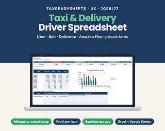 Uber Driver Spreadsheet UK 2026/27, Taxi, Private Hire and Delivery Driver Tax Tracker, Mileage vs Costs, Excel & Google Sheets