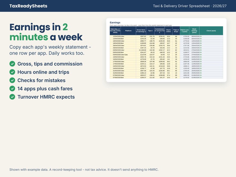 Earnings tab logging each app's gross fares, tips, commission, hours and trips