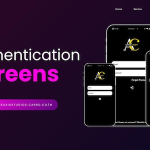 May include: A dark purple and black graphic with the words "Authentication Screens" in white and pink. The image shows several smartphones displaying login screens with the "Apparel Craft" logo. A website URL is also visible.