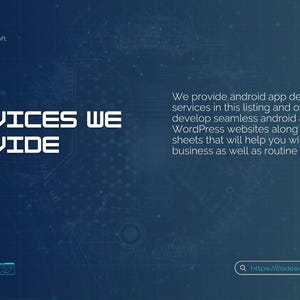May include: A digital graphic with the text "SERVICES WE PROVIDE" in white, set against a dark blue background with a tech-inspired design. The image also includes a website address and a description of services.