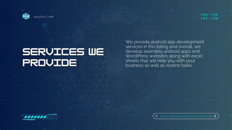 May include: A digital graphic with the text "SERVICES WE PROVIDE" in white, set against a dark blue background with a tech-inspired design. The image also includes a website address and a description of services.