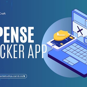 Może przedstawiać: Niebieski laptop z białym ekranem wyświetlającym komunikat o błędzie. Telefon komórkowy z zieloną tarczą z zaznaczeniem znajduje się przed laptopem. Tekst "EXPENSE TRACKER APP" jest biały na niebieskim tle.