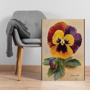 Pansy Flower Canvas Wall Art, Vintage Botanical Painting with Yellow and Purple Petals, Framed Gift for Gardeners or Cottagecore Decor