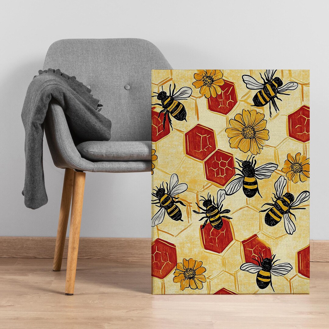 kitchen wall art | bee art print | honey bee decor |... Bee and Honeycomb Canvas Wall Art, Bold Yellow Insect Print With ...