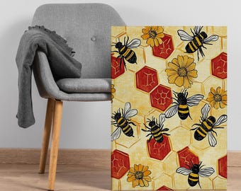 Bee and Honeycomb Canvas Wall Art, Bold Yellow Insect Print with Hexagon and Flower Detail, Playful Decor Gift for Gardeners or Nature Fans