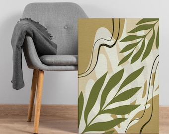 Abstrakt botanisk canvastavla, modern naturinspirerad lövtryck, neutral jordfärgad heminredning för vardagsrum eller sovrum
