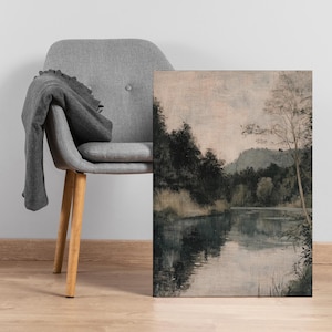 Muted Forest Lake Canvas Wall Art, Tranquil Nature Landscape Painting in Neutral Tones, Serene Woodland River Print for Calm Home Decor