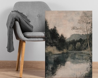 Muted Forest Lake Canvas Wall Art, Tranquil Nature Landscape Painting in Neutral Tones, Serene Woodland River Print for Calm Home Decor