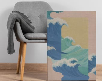 Nowoczesna sztuka ścienna na płótnie z falami oceanicznymi, inspirowany Japonią wydruk morski z abstrakcyjnymi kształtami, odważny niebieski oprawiony obraz na prezent do przestrzeni nadmorskich lub zen
