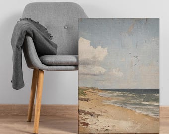 Coastal Seashore Canvas Art, Vintage Style Ocean Beach Print, Minimal Coastal Wall Decor for Nautical Living Room or Cottage Home