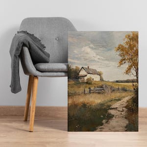 Rustic Farmhouse Landscape Wall Art, Country Cottage Canvas Print, Autumn Path Oil Painting for Cozy Home or Farmhouse Style Decor