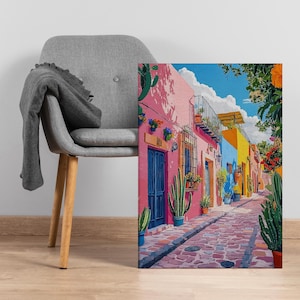 Colorful Mexican Street Canvas Wall Art, Vibrant Latin Architecture Print, Boho Fiesta Wall Decor for Kitchen, Patio or Travel-Inspired Room