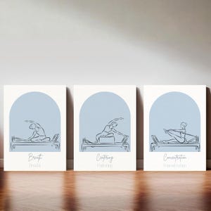 Puede incluir: Tres l&aacute;minas rectangulares con arcos azul claro sobre fondo blanco. Cada impresi&oacute;n muestra un dibujo de l&iacute;nea negra de una persona en una m&aacute;quina de Pilates con las palabras Breath, Centering y Concentration debajo.
