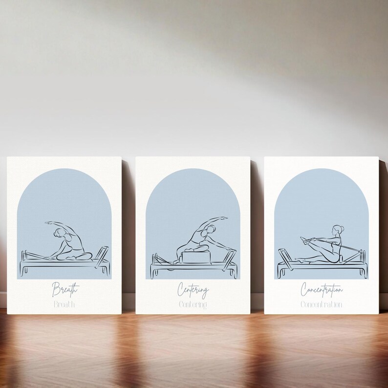 Puede incluir: Tres l&aacute;minas rectangulares con arcos azul claro sobre fondo blanco. Cada impresi&oacute;n muestra un dibujo de l&iacute;nea negra de una persona en una m&aacute;quina de Pilates con las palabras Breath, Centering y Concentration debajo.