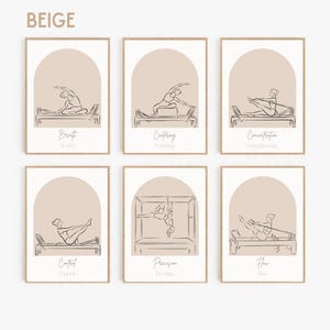 Puede incluir: Un conjunto de seis l&aacute;minas de pared beige con dibujos lineales de ejercicios de pilates en equipos. Cada l&aacute;mina muestra una forma arqueada con las palabras Breath, Centering, Concentration, Control, Precision y Flow bajo las figuras.