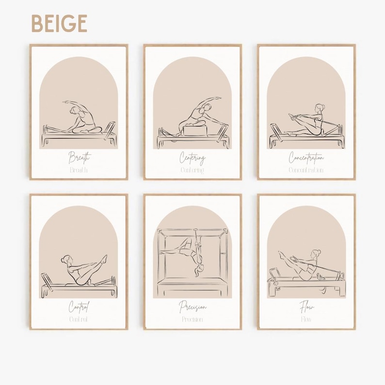 Puede incluir: Un conjunto de seis l&aacute;minas de pared beige con dibujos lineales de ejercicios de pilates en equipos. Cada l&aacute;mina muestra una forma arqueada con las palabras Breath, Centering, Concentration, Control, Precision y Flow bajo las figuras.