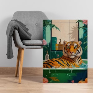 Décoration murale en toile de bain tigre, impression de salle de bain jungle surréaliste avec tigre majestueux dans la baignoire, décoration animalière audacieuse pour intérieur éclectique, exotique ou