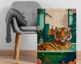 Tiger Bath Canvas Wall Art, Surreal Jungle Bathroom Print with Majestic Tiger in Tub, Bold Animal Decor for Eclectic, Exotic, or  Interiors