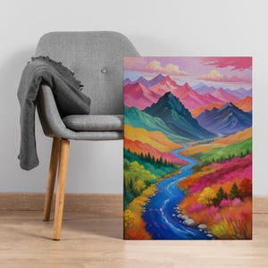 Arte de parede em tela colorida com rio e montanha, impressão de paisagem vibrante com céu rosa e riacho fluindo, decoração de natureza ousada para espaços de convivência