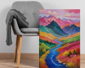 May include: A vibrant landscape painting depicts a river winding through colorful mountains and valleys. The artwork features a palette of blues, greens, oranges, and pinks, creating a vivid and eye-catching scene. The canvas is displayed next to a gray chair.