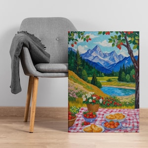 Mountain Picnic Canvas Art: Vibrant Summer Landscape, Cozy Kitchen Decor