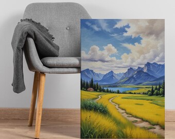 Bergtal Leinwand Wandkunst, Goldenes Feld mit Pfad und blauen Gipfeln, gerahmte Natur Landschaft Druck Geschenk für rustikale, Malerische Innendekoration