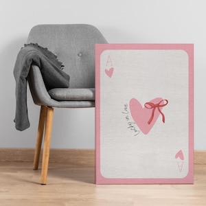 Art de toile de carte à jouer coeur rose, décoration romantique de la Saint-Valentin avec illustration de noeud, impression murale amour mignon pour chambre à coucher ou cadeau pour elle