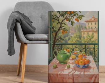 Italian Balcony Orange Tree Canvas Art, Mediterranean Citrus Still Life Print, Tuscan Kitchen Wall Decor for Dining Room or Patio