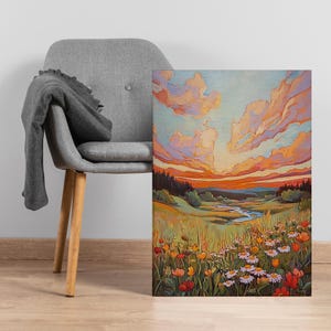 Sunset Meadow Canvas Wall Art, Vibrant Field of Wildflowers and Colorful Sky, Landscape Nature Painting, Framed Gift for Rustic Home Decor