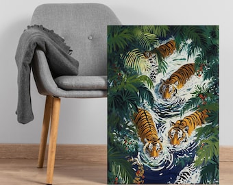 Jungle Tigers Canvas Wall Art, Wild Cats in Water Tropical Print with Lush Greenery, Exotic Animal Decor for Safari, Boho, or Bold Interiors
