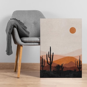 Wüste Sonnenuntergang Kaktus Leinwand Kunst, Boho minimalistische Landschaft Druck in Erdtönen, ruhige westliche Wanddekoration für Natur und Ruhesuchende